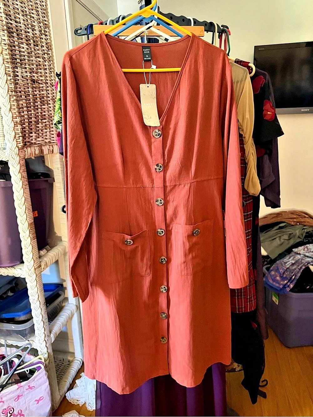 Emery Rose Solid Color Long Sleeve Pockets Dress Midi Dress Orange XL